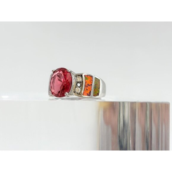Bright Garnet & Faux Opal Modernist Sterling Silver Vintage Ring - sz 6.5 - Picture 6 of 10